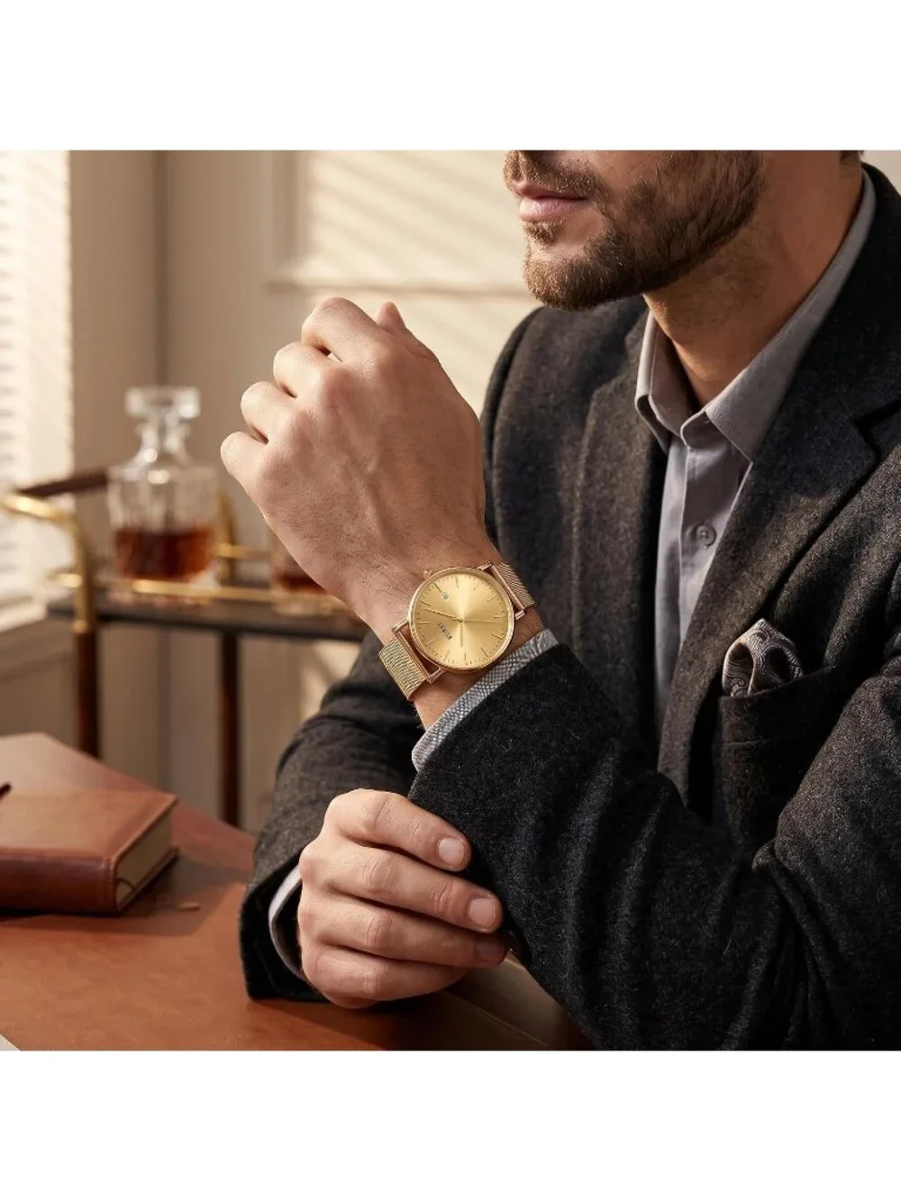 Men's Gold Stainless Steel Mesh Band Minimalist Analog Waterproof Wrist Watch